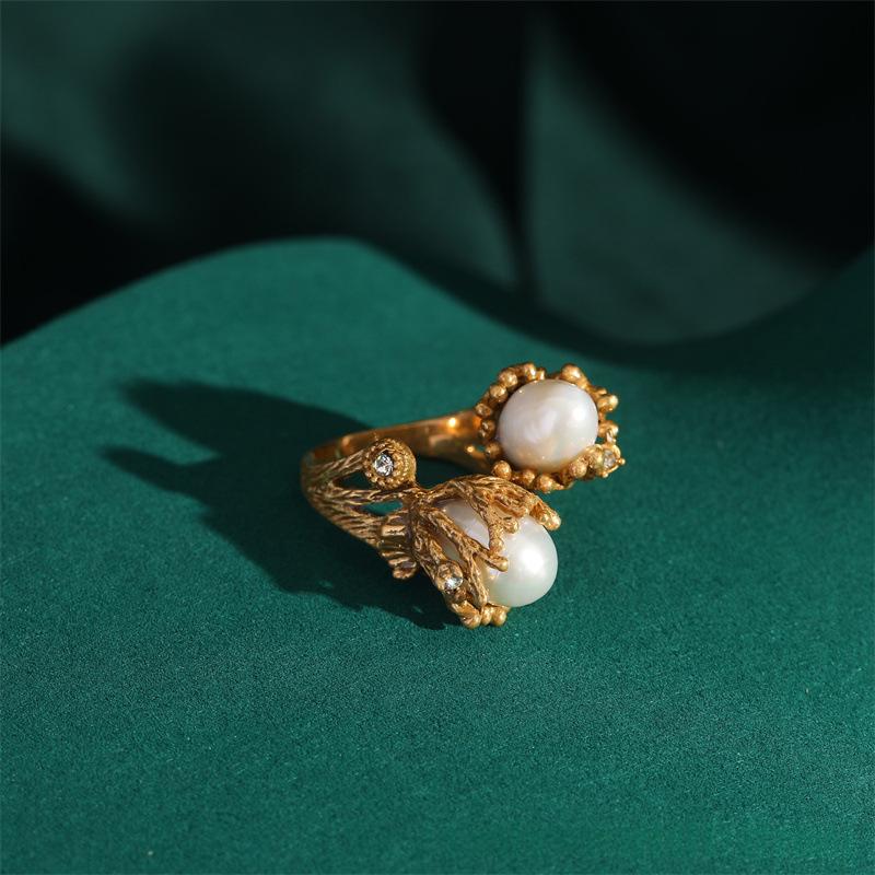 Vintage Baroque Pearl Magnolia Open Ring - Retro Floral Statement Jewelry for Women Summer Accessory