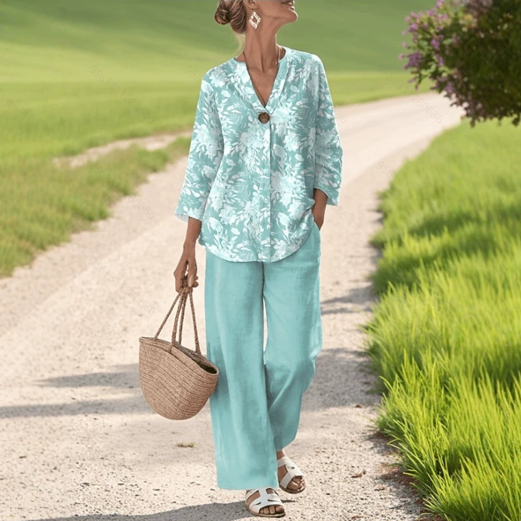 Loose Fit Vneck Printed Shirt Two Piece Set
