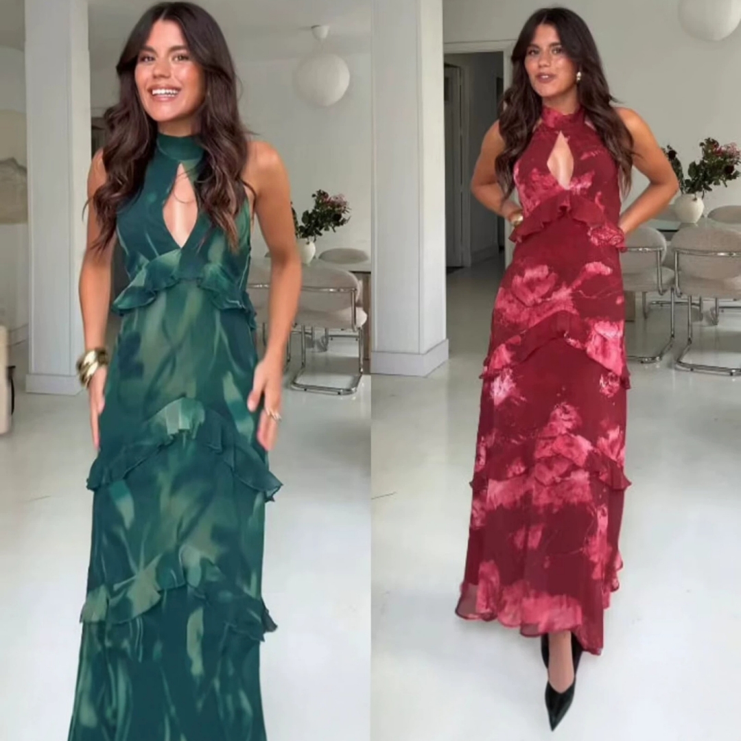 Womens Casual Chic Printed Halter-neck Dress