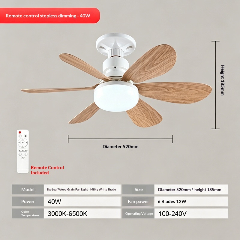 E27 Screw-base Wood-grain Color Floral-pattern 6-blade Fan Light For The Bedroom