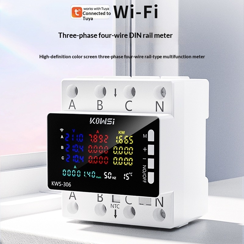 Smart WiFi Three Phase Four Wire DIN Rail Energy Meter Multifunction Voltage Current Power Monitor