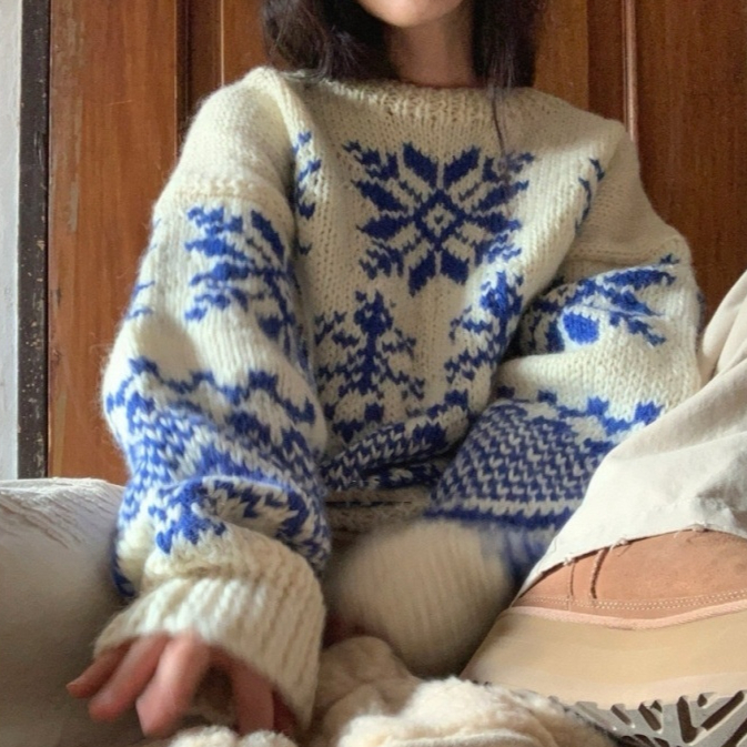 Color-block Jacquard Long-sleeve Warm Sweater For Women
