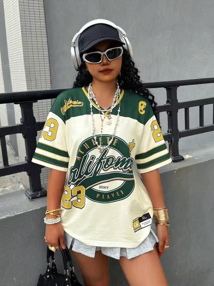 Vintage Letter Print V-Neck Oversized Jersey Shirt