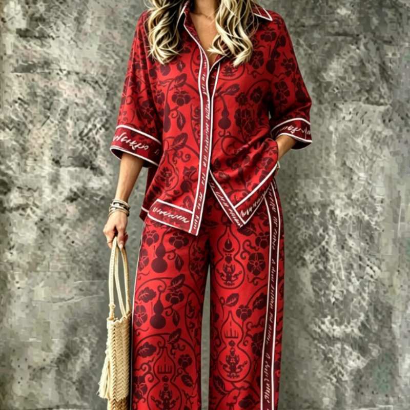 Summer Womens Shirt Set With A Digital-print Collar