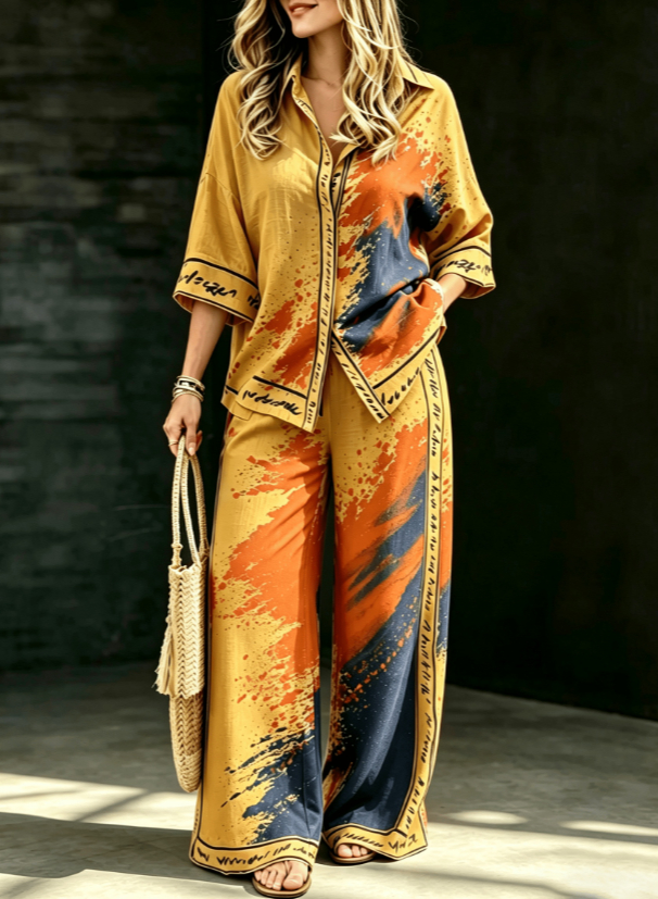 Summer Womens Shirt Set With A Digital-print Collar