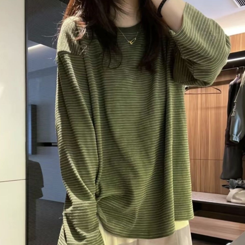 Womens Cotton Printed Striped Long-Sleeve T-Shirt