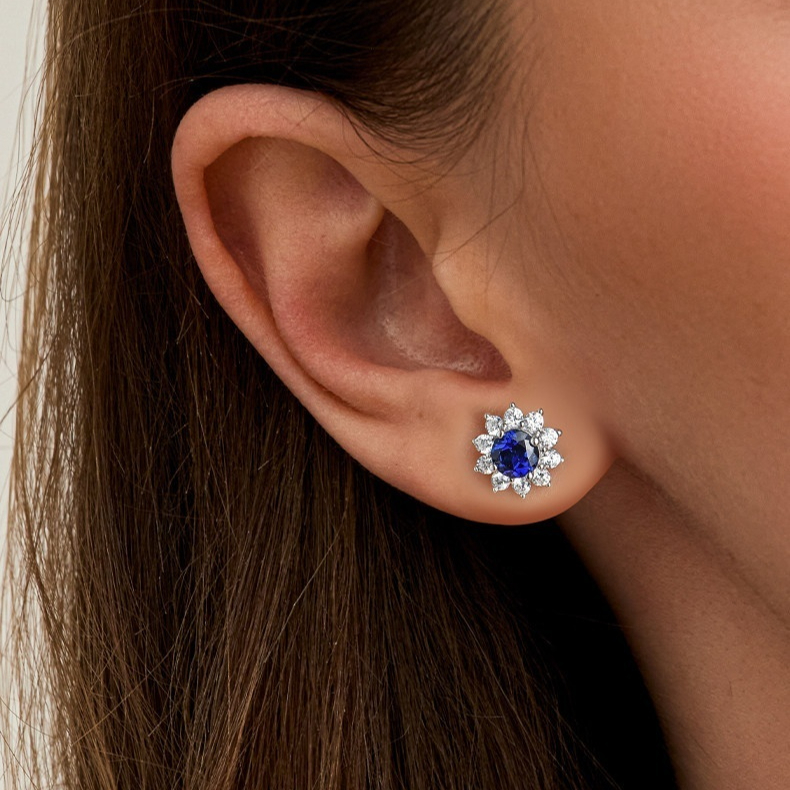Sapphire Sunflower Stud Earrings - Elegant Floral Design Jewelry for Women Daily Wear