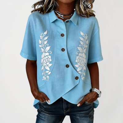Irregular-button Short-sleeve Printed Top
