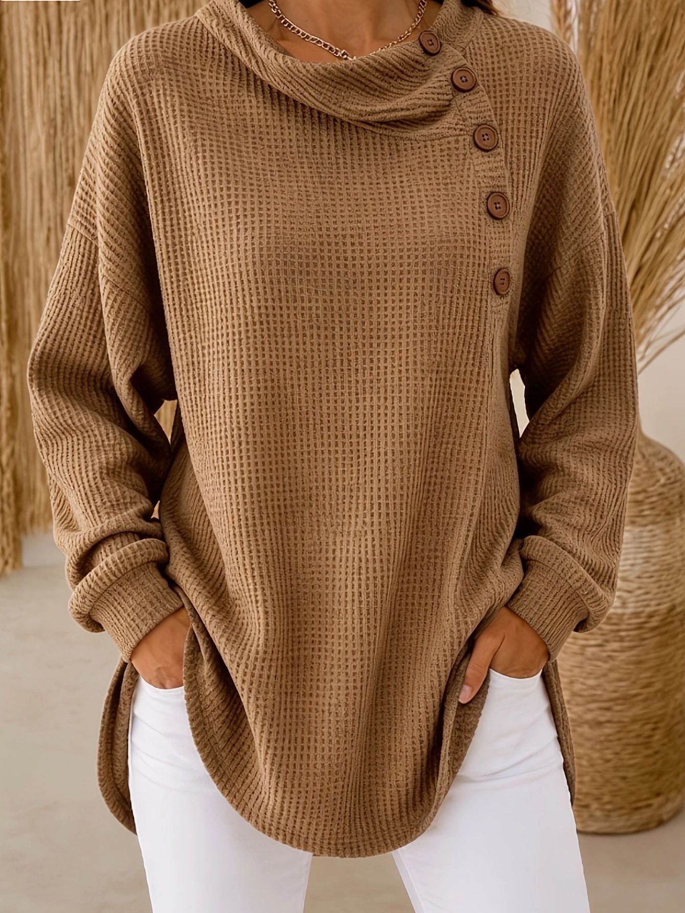 Women's Waffle Button-Up Long Sleeve Casual Shirt