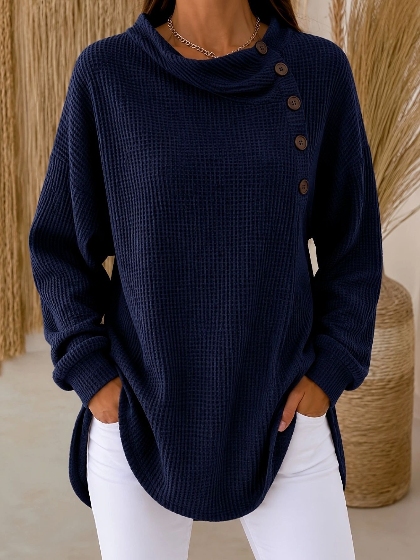 Women's Waffle Button-Up Long Sleeve Casual Shirt