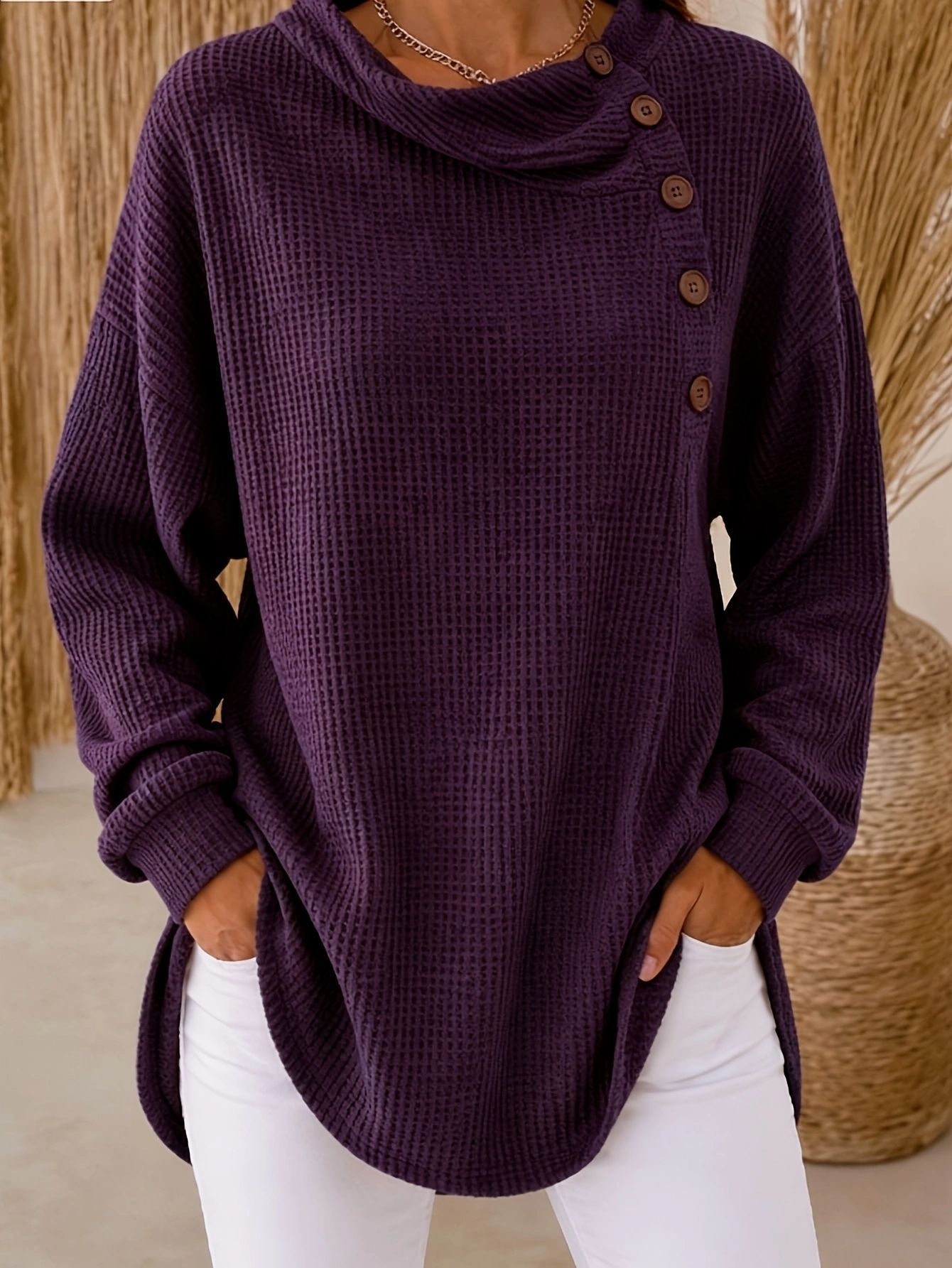 Women's Waffle Button-Up Long Sleeve Casual Shirt