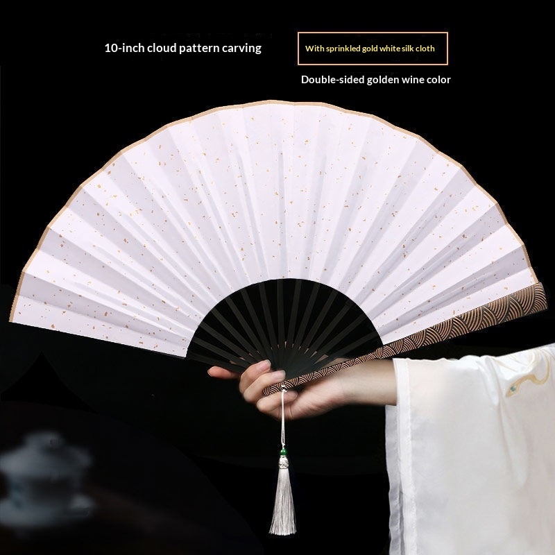 Black Silk Fan With Gold Speckles And A Wave-patterned Tide Design