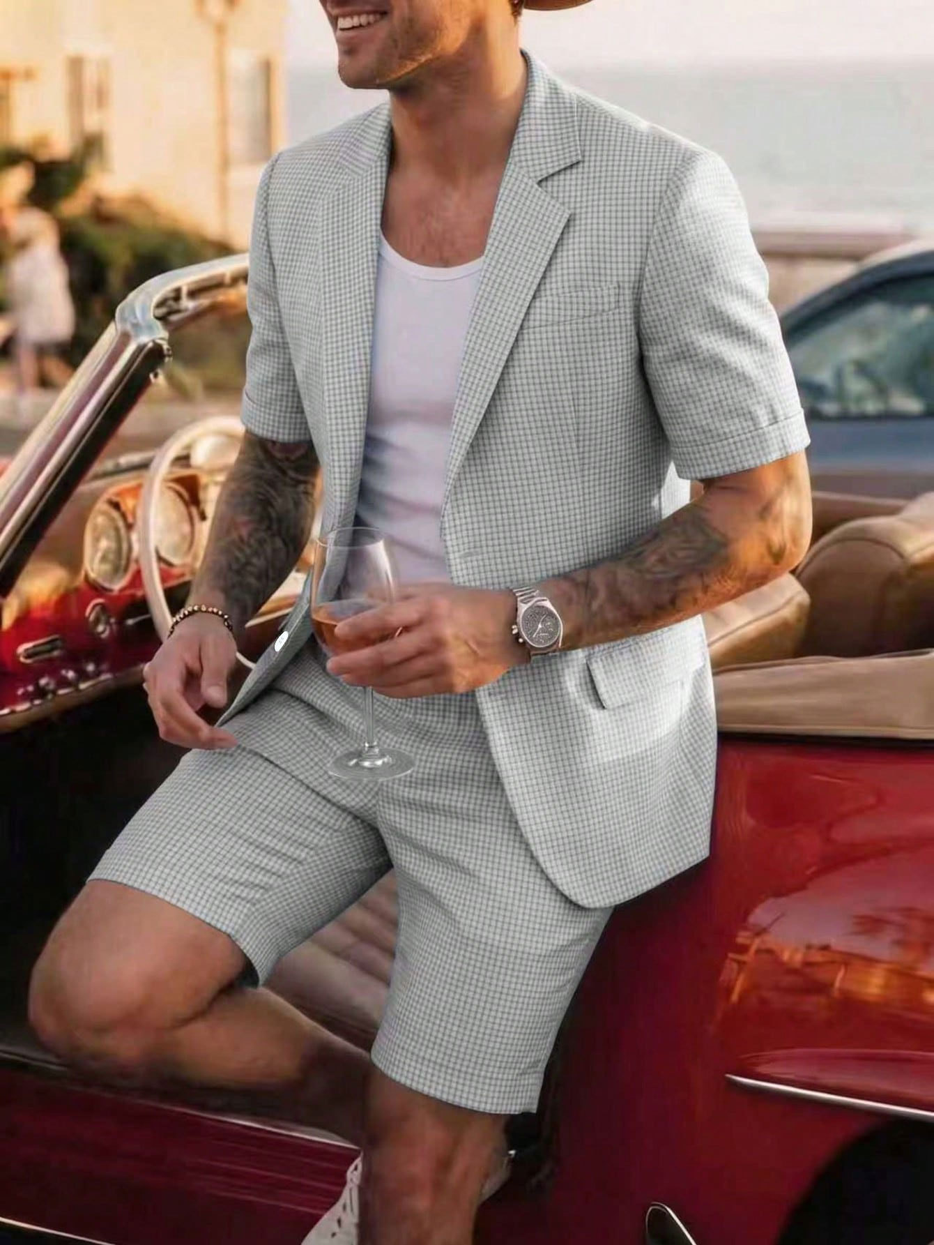 Mens Plaid Slim-Fit Business-Casual Suit Set