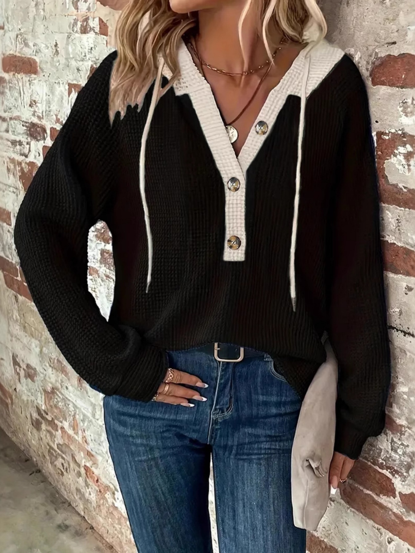 Women's Solid Color Waffle Hooded Button Loose Long Sleeve Sweatershirt — image 10 of 13