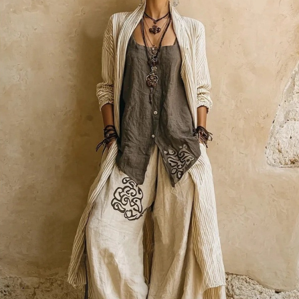 Loose-fitting Robe And Wide-leg Pants Three-piece Set For Women