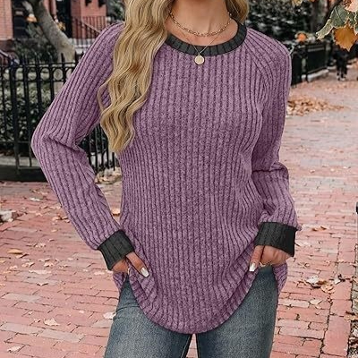 Color Matching Casual Round Neck Pullover Long Sleeve Top