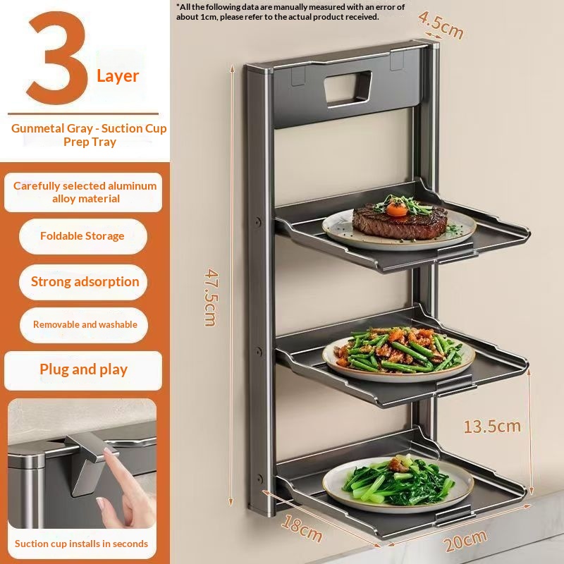 Kitchen Suction-cup Vegetable Prep Wall-mounted Multi-tier Foldable Storage Rack For Home Use 3