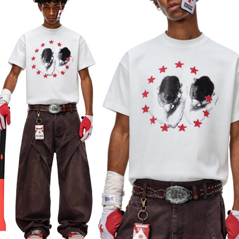 Retro Red Star Portrait Print Embroidered Short Sleeve — image 1