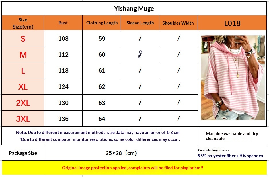 Size chart for Striped Hooded Three-Quarter Sleeve Pullover Hoodie