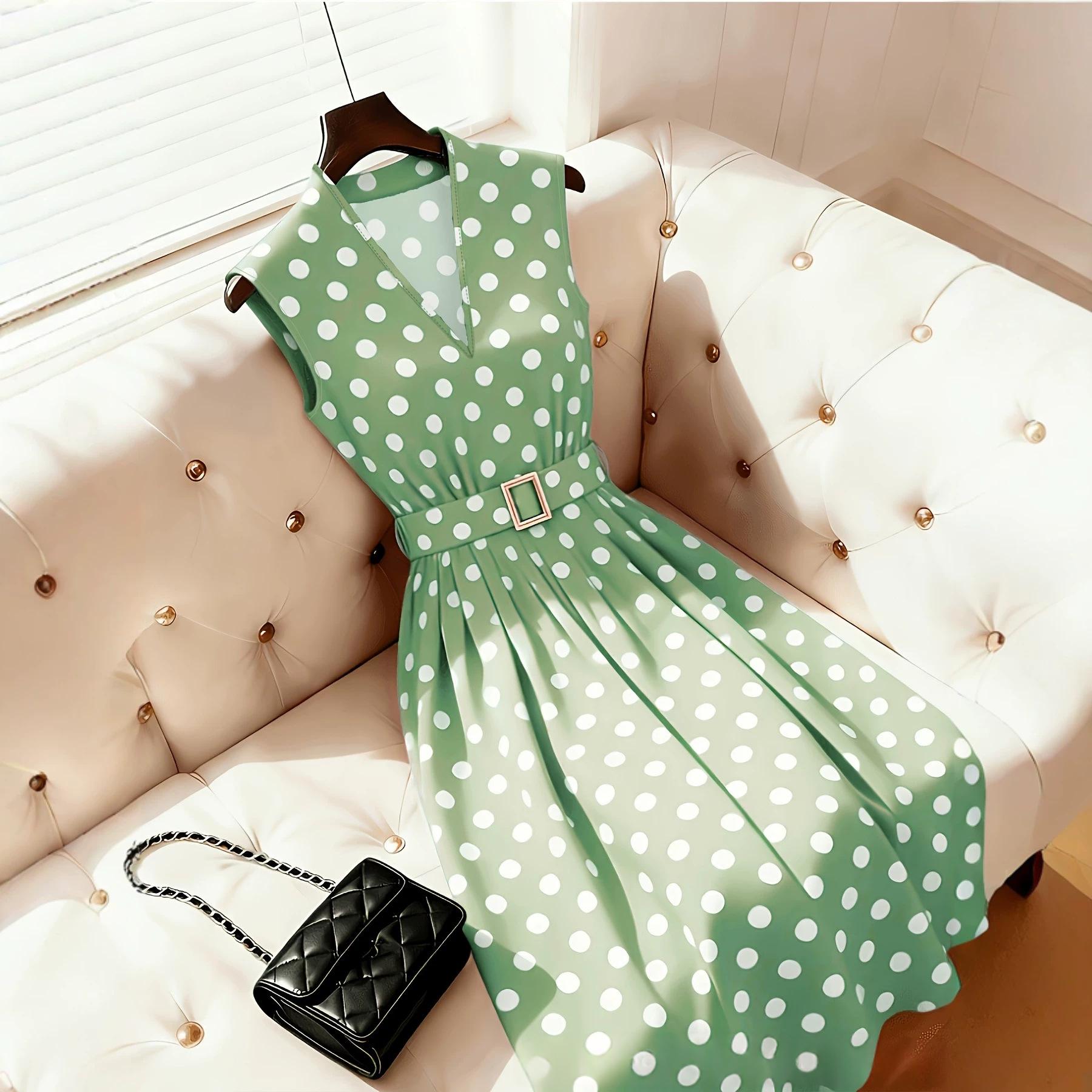 Fitted-waist Square-buckle Belt Midi Swing Dress