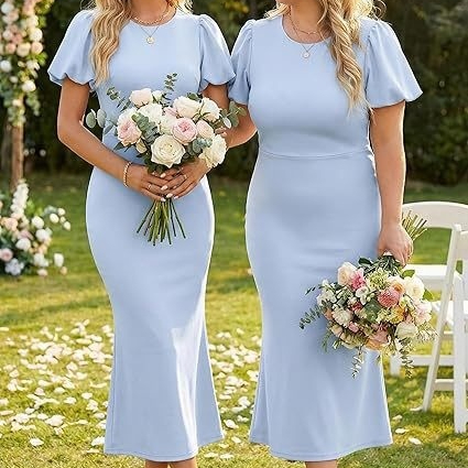 Puff-sleeved Slim-fit Sheath Dress Solid-color Elegant Midi Skirt