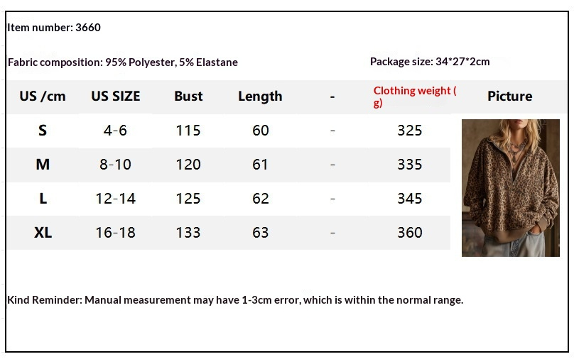 Size chart for Leopard Print Zip-Up Oversized Hoodie