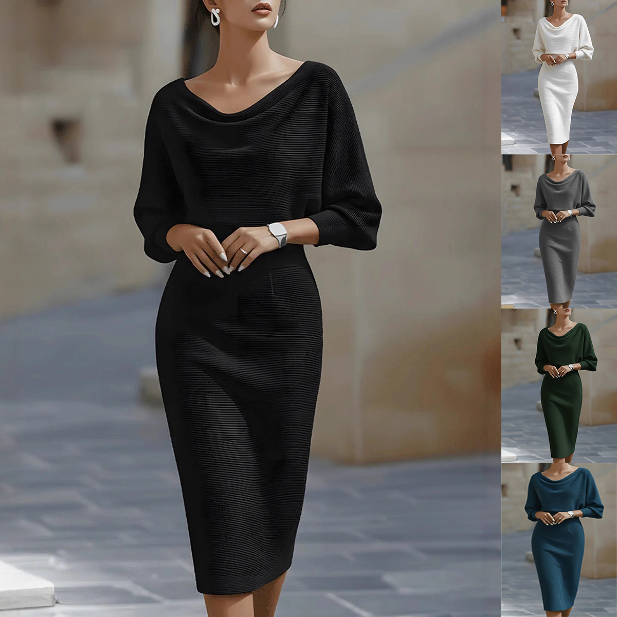 Vestido midi plissado com manga morcego – moda feminina casual evasê