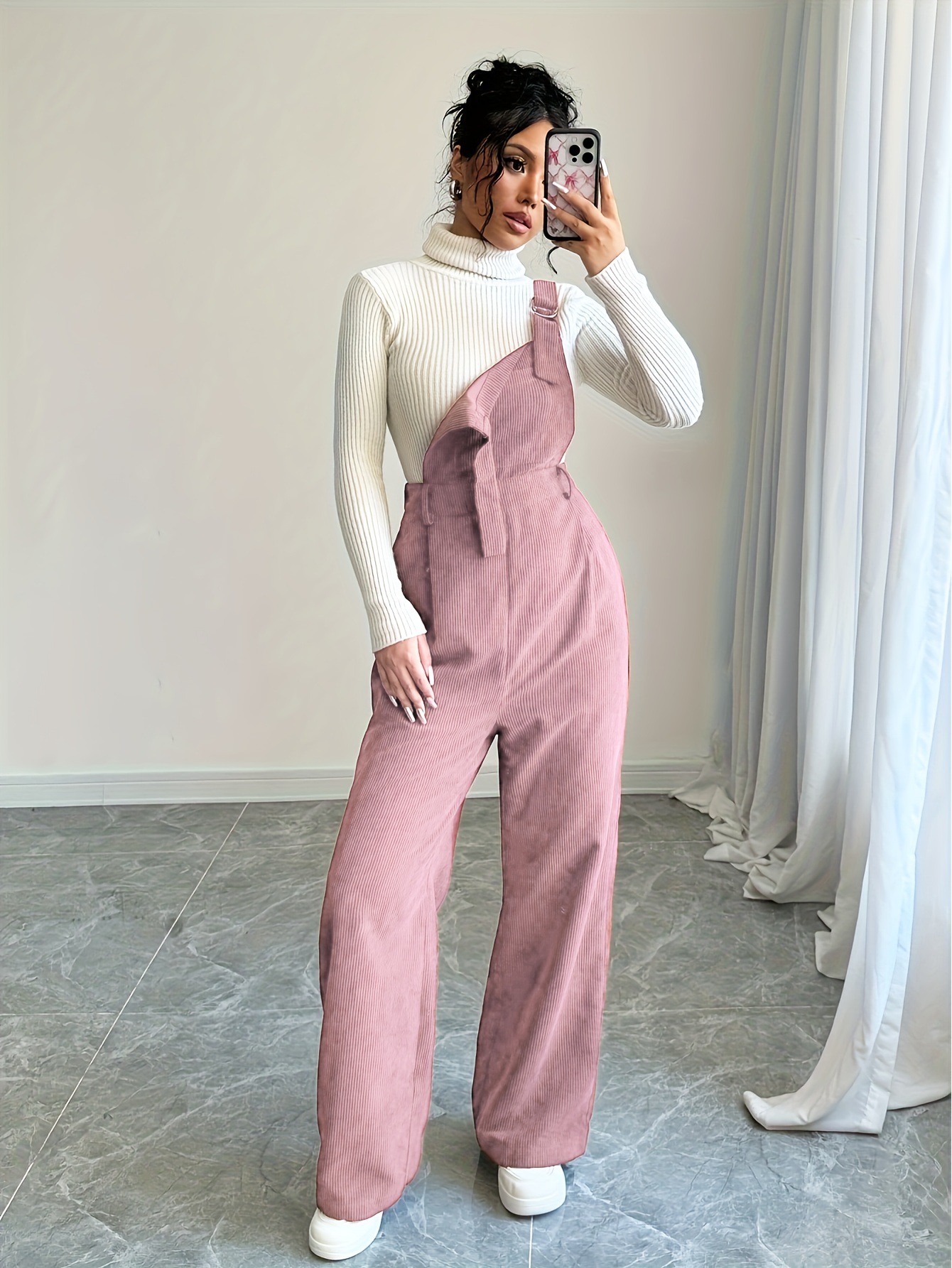 Corduroy Loose Straight Bib Pants Women