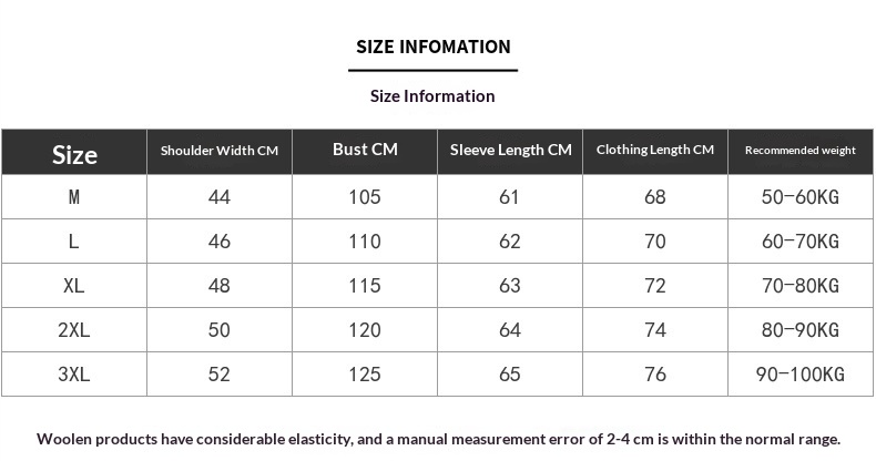 Size chart for casual knitted cardigan sweater
