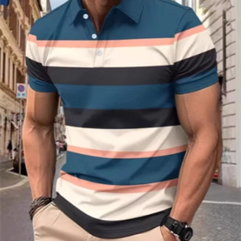 Shirt With 3D Striped Print Short-sleeved With A Flap