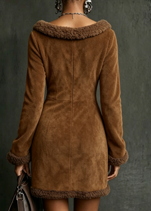 Caramel Brown Faux Suede Shearling Trim Deep V Waisted Slim-fit Long Sleeve Mini Dress