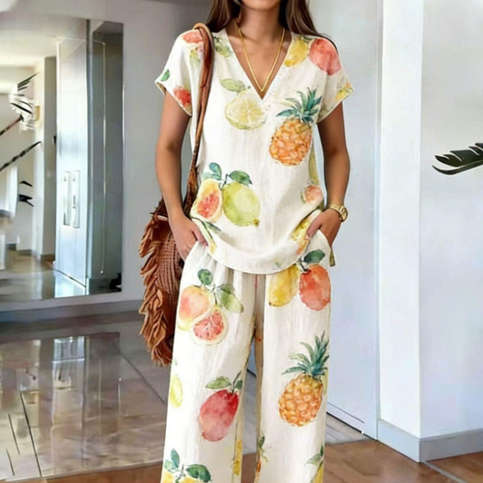 Womens Relaxed Vacation Two-Piece Set Top And Wide-Leg Pants