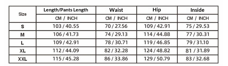 Men's Zip-Cuff Sweatpants - Size Chart