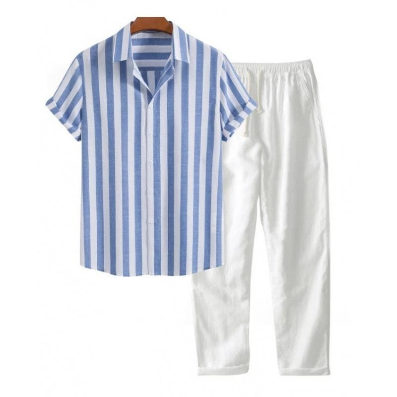 Printed Striped Breathable Casual Chic Short-sleeve Collared Shirt And Trousers