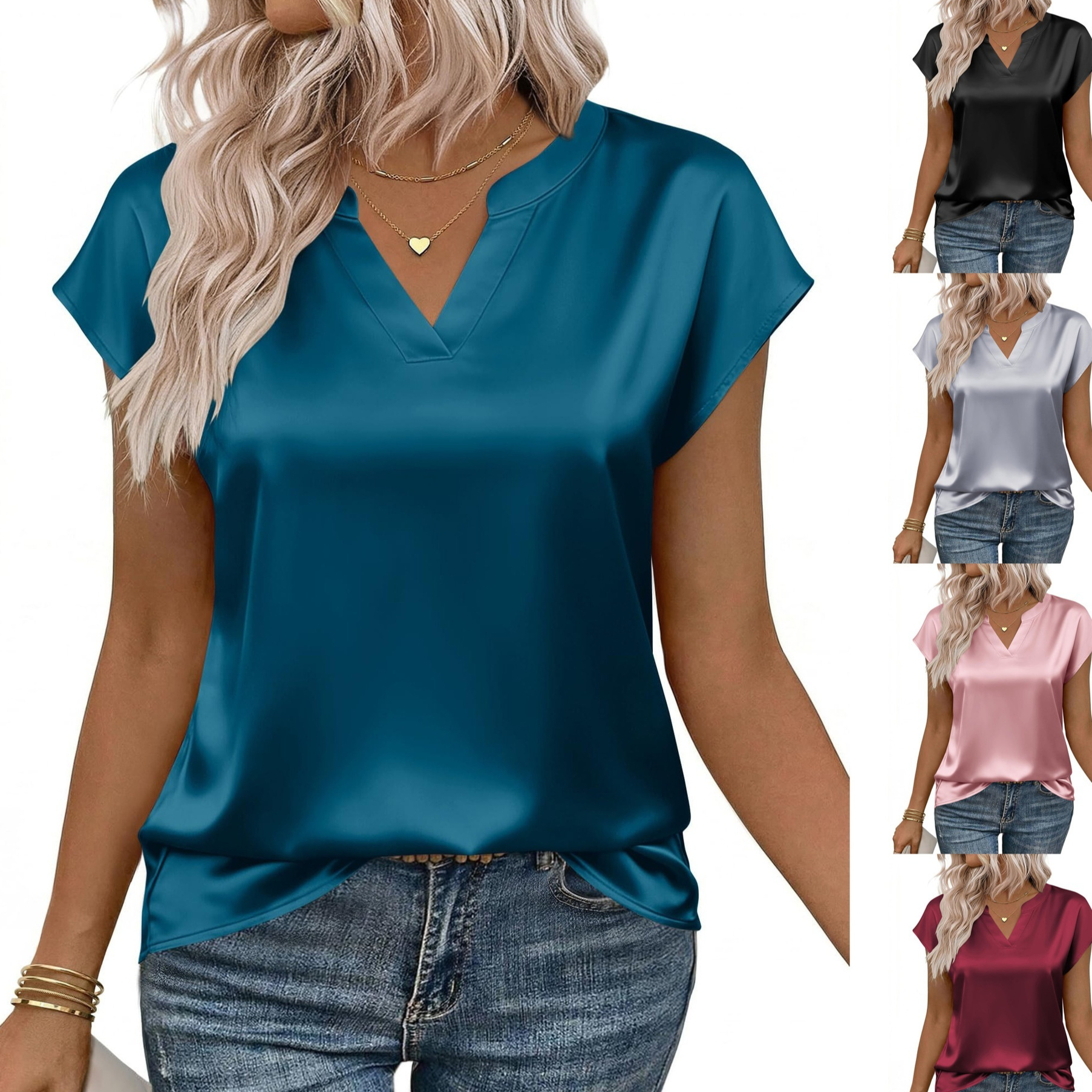V-neck Satin Short-sleeve Womens Top