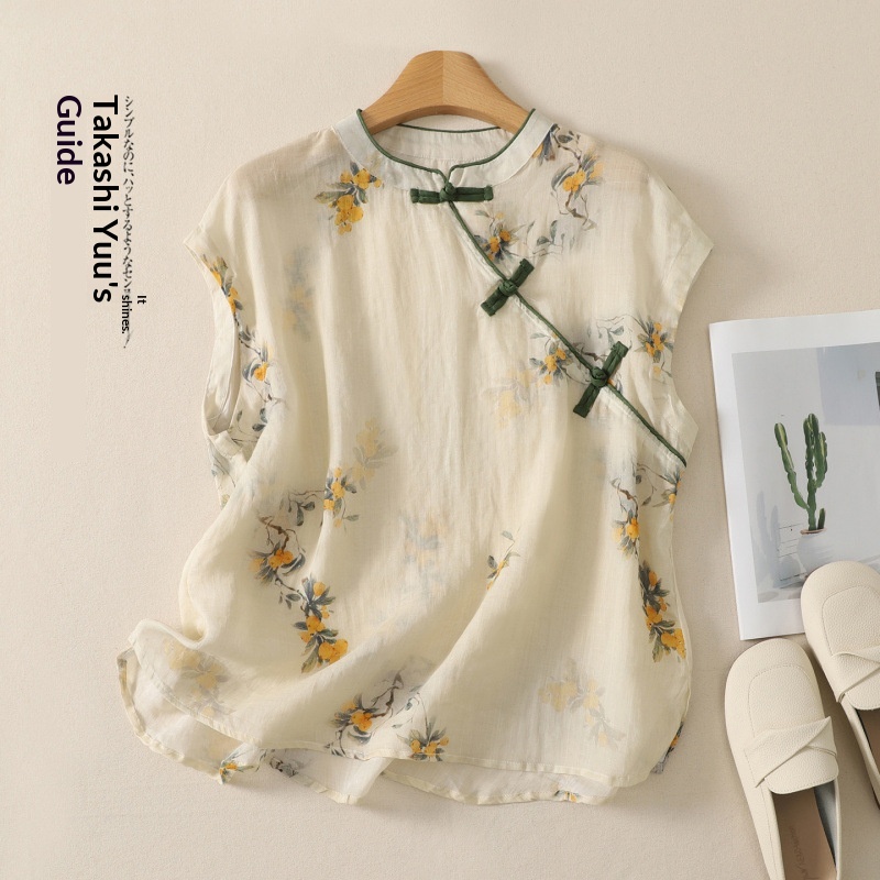 Cotton And Linen Retro Versatile Diagonal Placket Button Top