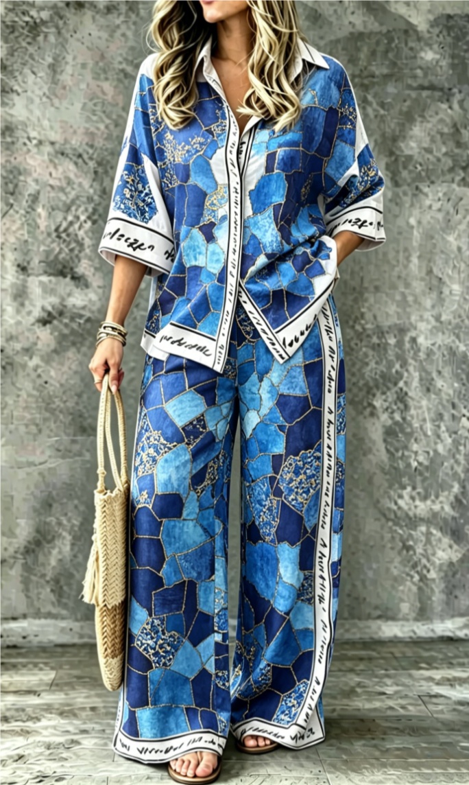 Summer Womens Shirt Set With A Digital-print Collar