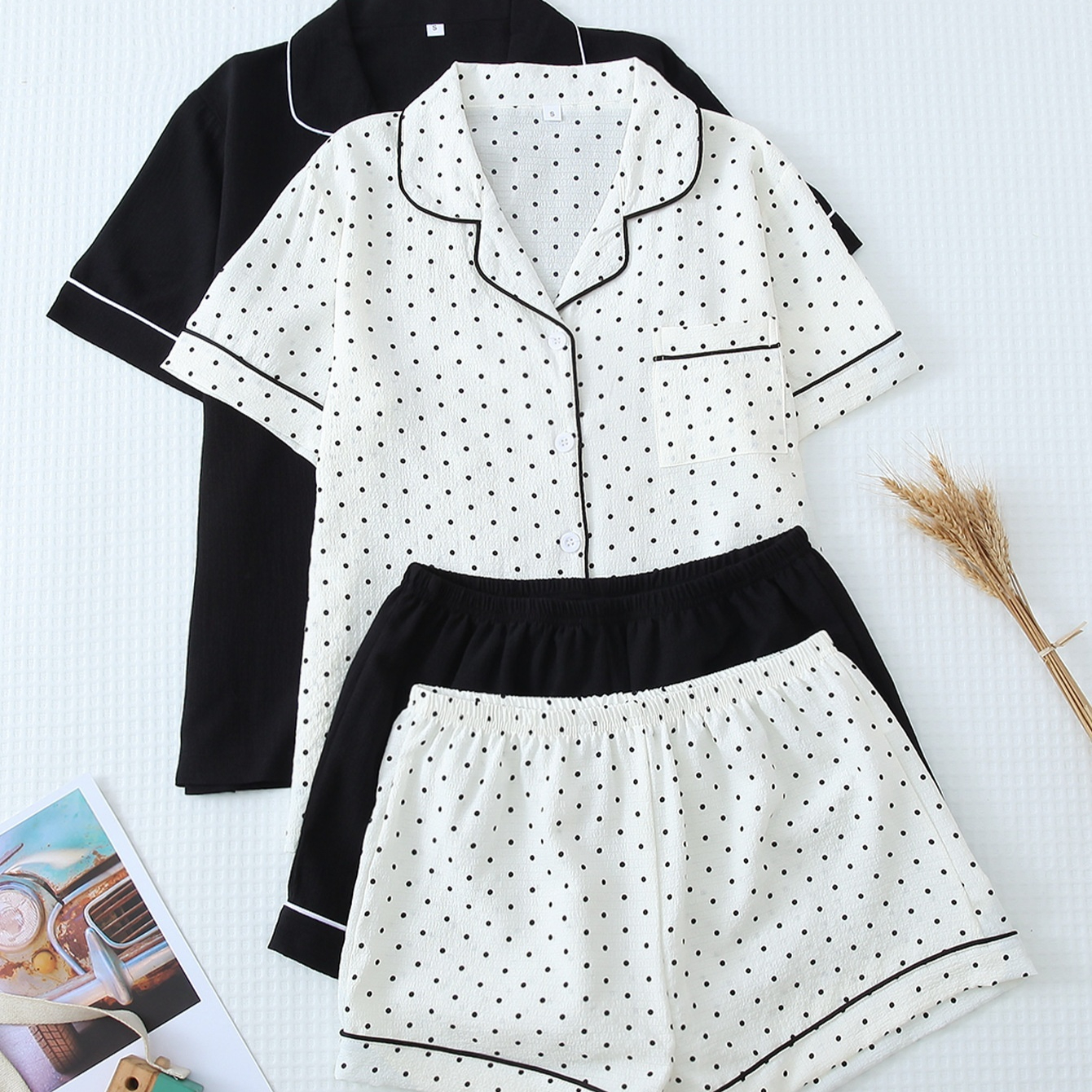 Bubble-pleat 2-piece Lapel-collar Short-sleeve Pajama Set