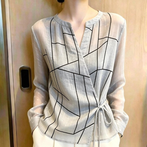 Geometric-striped V-neck Lace-up Waist-defined Blouse