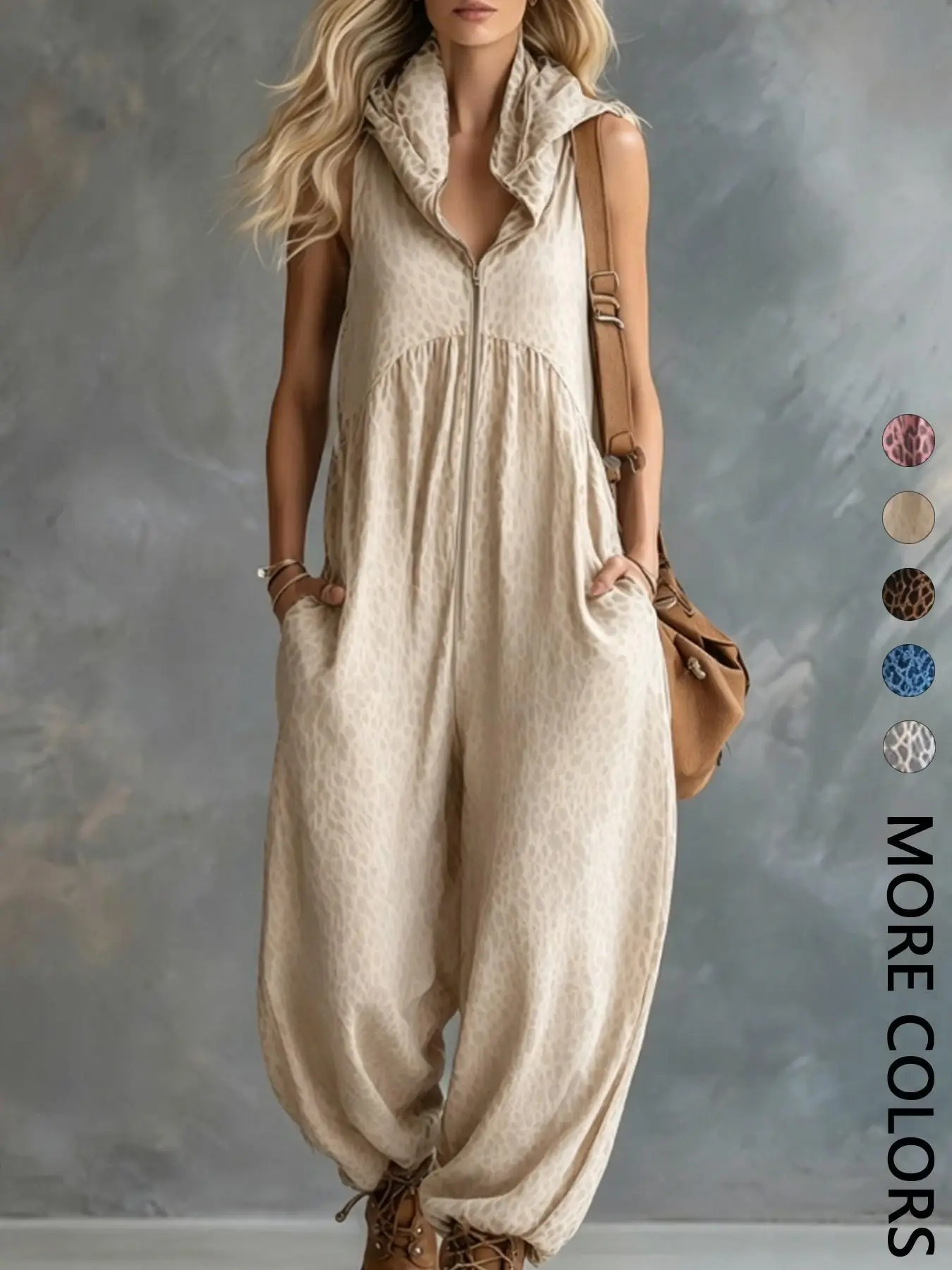 Fashionable Casual Urban Apricot Leopard-Print Hooded Chiffon Jumpsuit