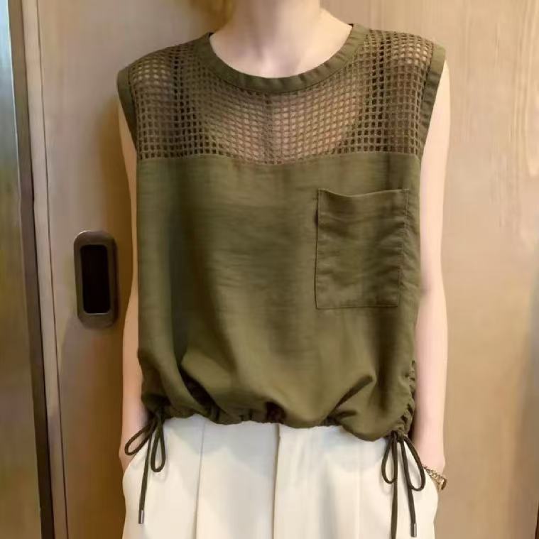 Womens Fashionable Loose-fit Drawstring Sleeveless Top