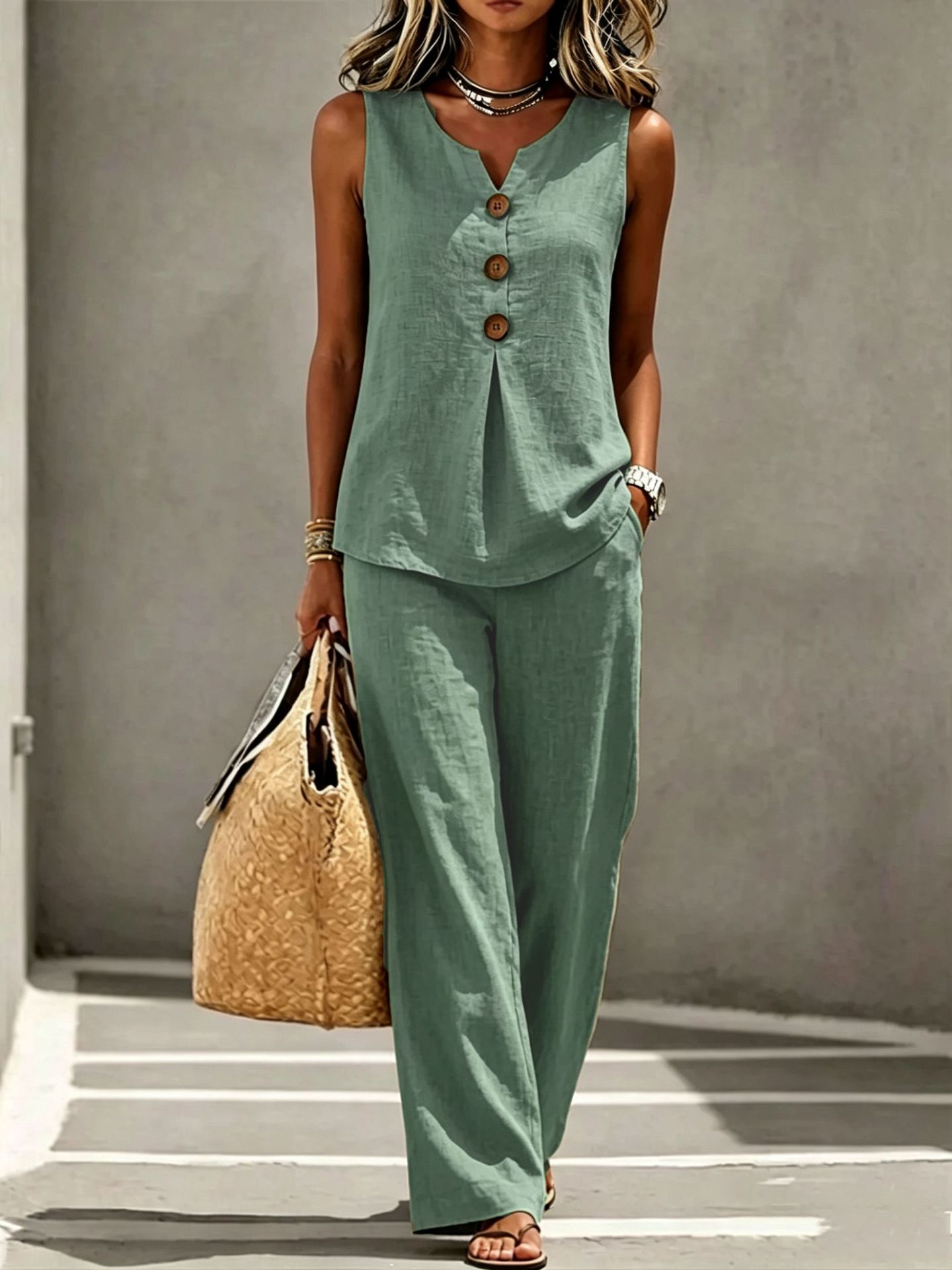 Womens V-neck Buttoned Sleeveless Vest Top Set Two-piece Outfit — foto 8