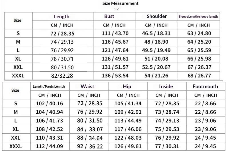 Men's Linen Hoodie & Pants Set - Size Chart