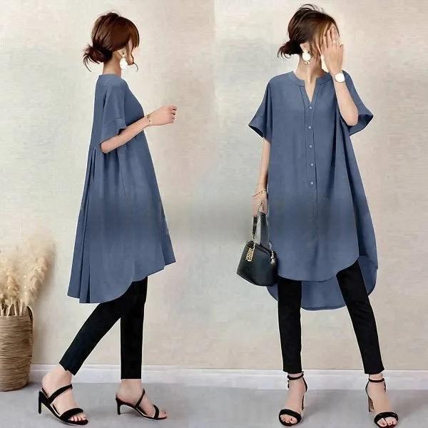 V-neck Front Short Back Long Single Breasted Shirt