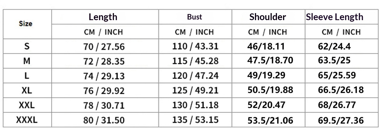 Men's Fleece Zip-Up Stand Collar Jacket - Size Chart