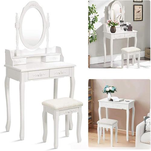 Ensemble coiffeuse et chaise en bois blanc pour adultes – Image 2
