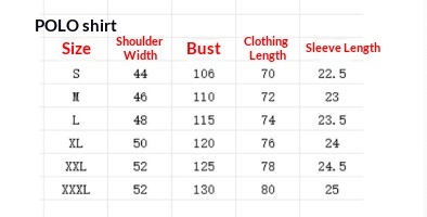 Size chart for Digital Print Polo Shirt for Men