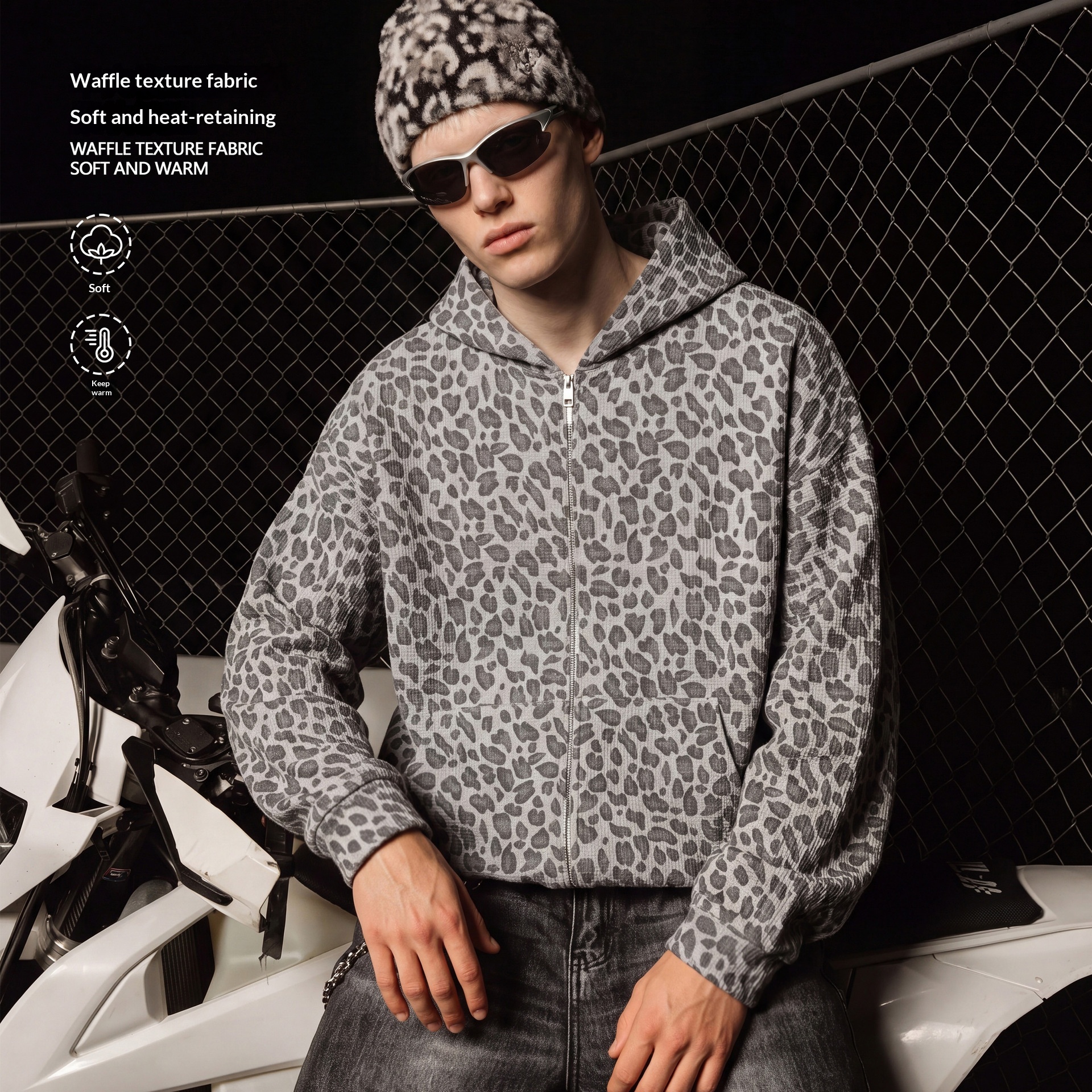 Waffle-textured Hooded Zip-up Sweatshirt Jacket