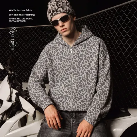 Waffle-textured Hooded Zip-up Sweatshirt Jacket