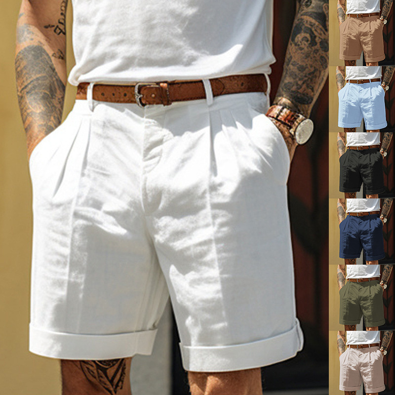 Shorts masculinos de perna reta com bolsos, calças casuais, ajuste solto, calças de verão